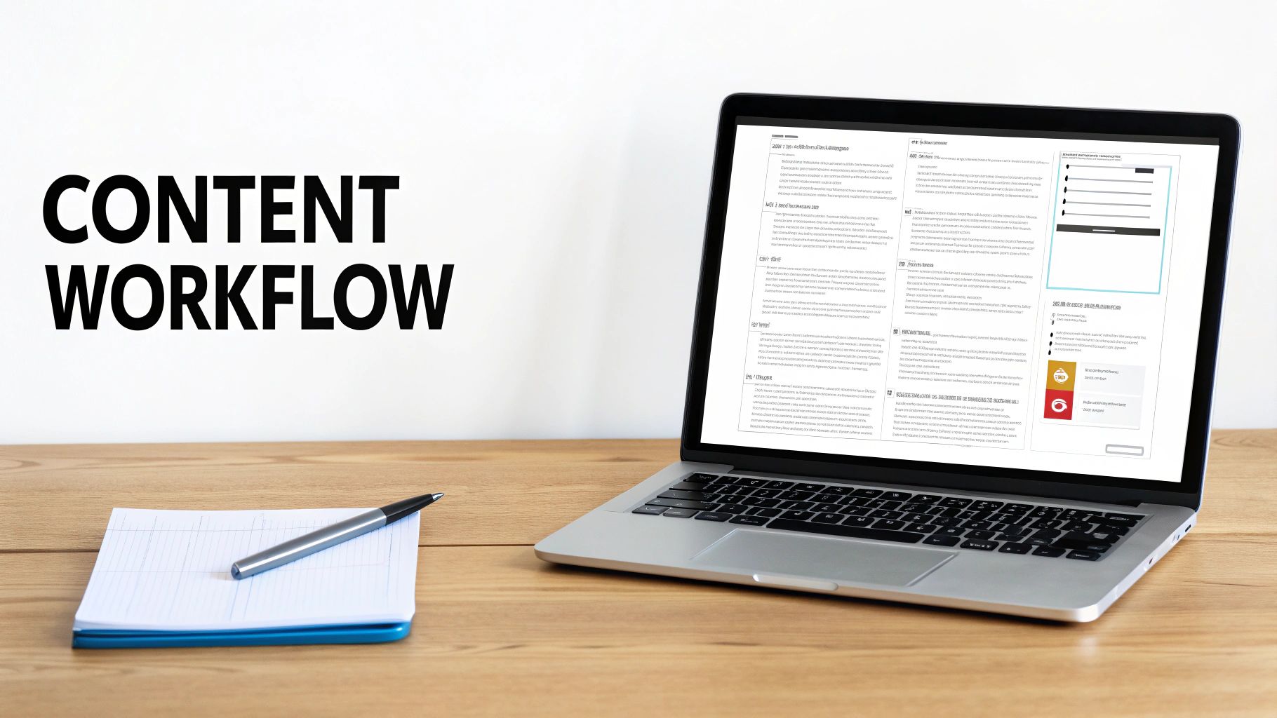 A laptop on a wooden desk displays a content workflow, with a notepad and pen nearby.