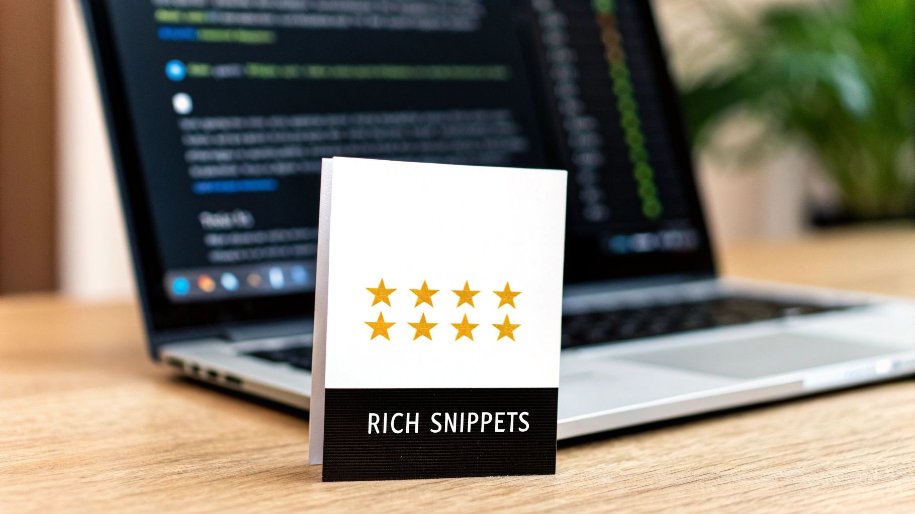 A white card featuring six golden stars and the text 'RICH SNIPPETS' stands on a wooden desk, with a laptop displaying code in the background.