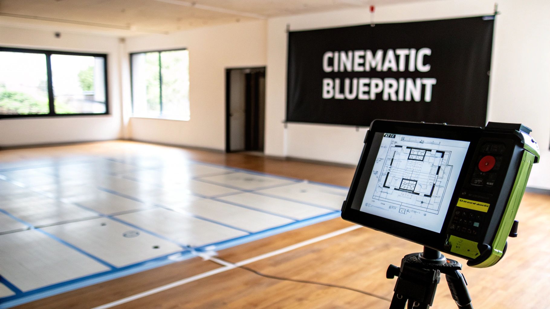 A tablet displaying a cinematic blueprint floor plan on a tripod in an empty room.