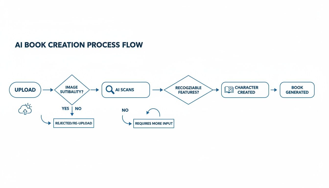 AI book creation process flow detailing steps from image upload to character creation and book generation.