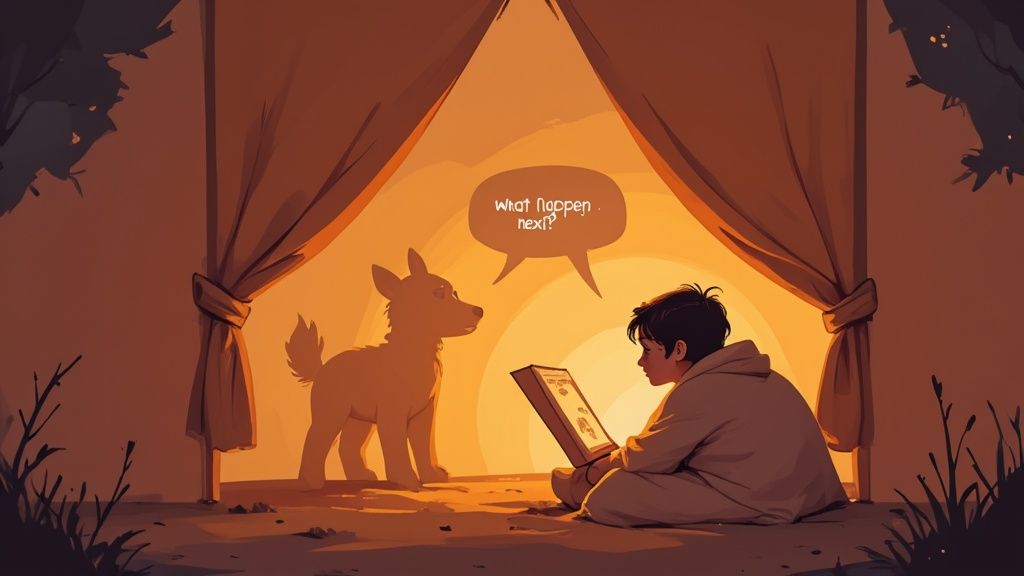 A boy reads a storybook to his dog inside a cozy tent under warm light.