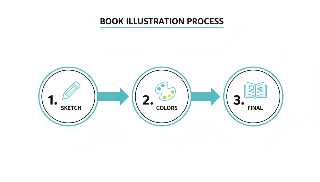 An infographic outlining the three-step book illustration process: sketch, colors, and final stages.