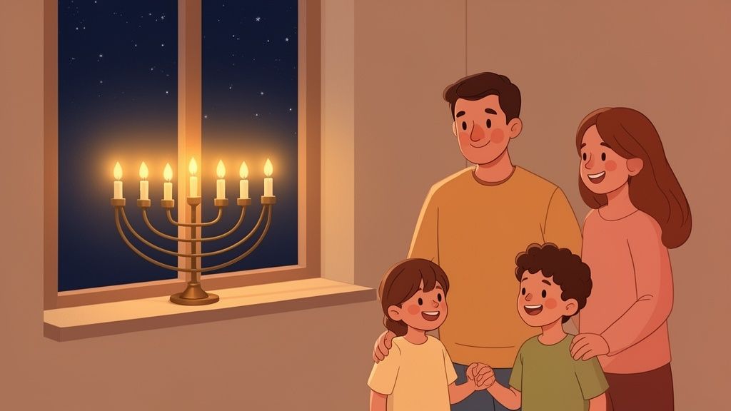 A smiling family watches a lit menorah on a windowsill against a starry night sky.
