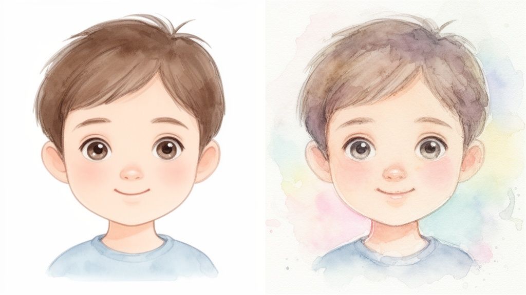 Two illustrations of a smiling young boy, one digital drawing and one watercolor painting.
