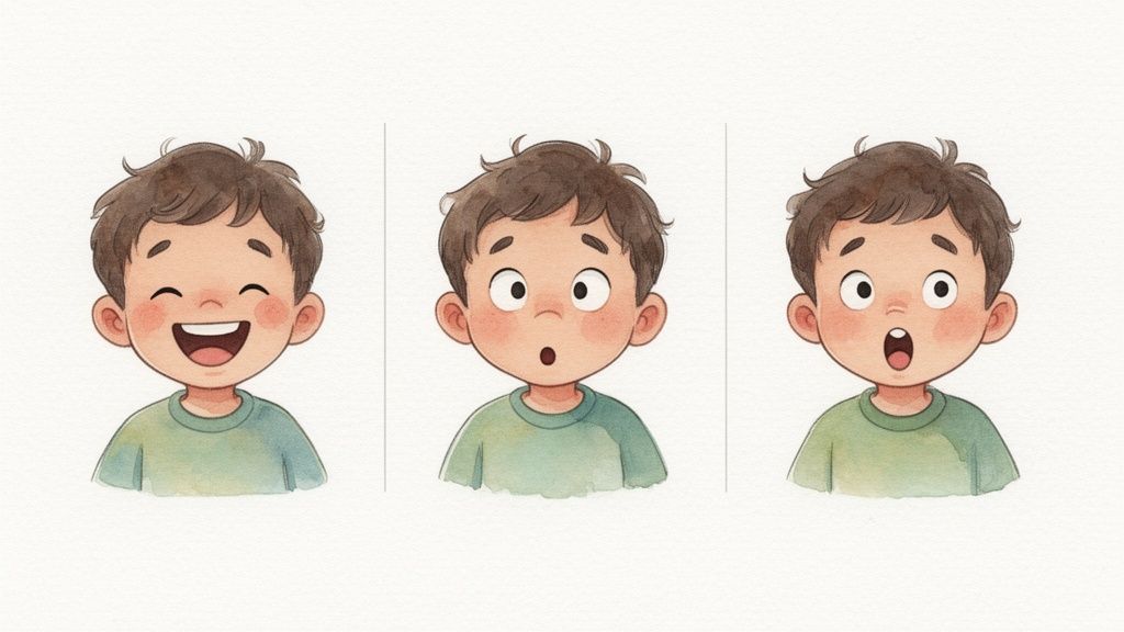 Three watercolor cartoon boys depicting happy, surprised, and shocked facial expressions on a white background.