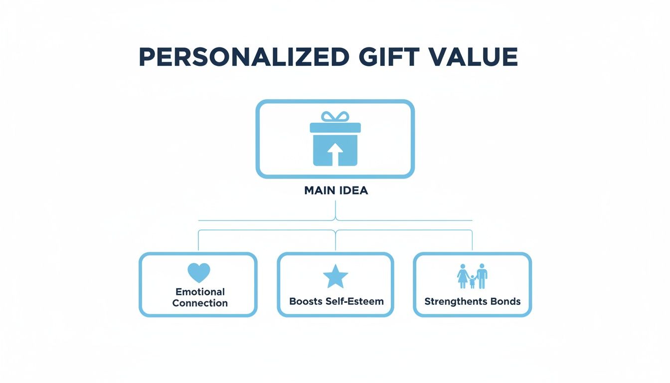 Mind map illustrating the value of personalized gifts, highlighting emotional connection, self-esteem boost, and strengthened bonds.