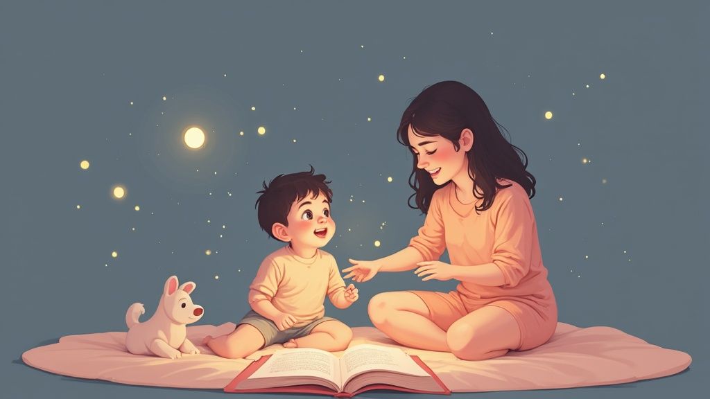 Mother and child smiling, reading a book on a blanket with a dog toy under glowing stars.