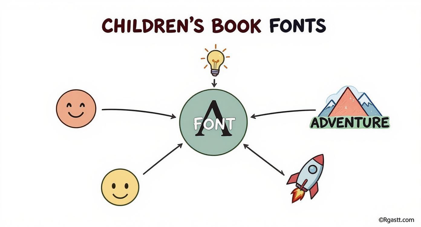 A mind map illustrating concepts for children's book fonts, including happiness, ideas, adventure, and excitement.