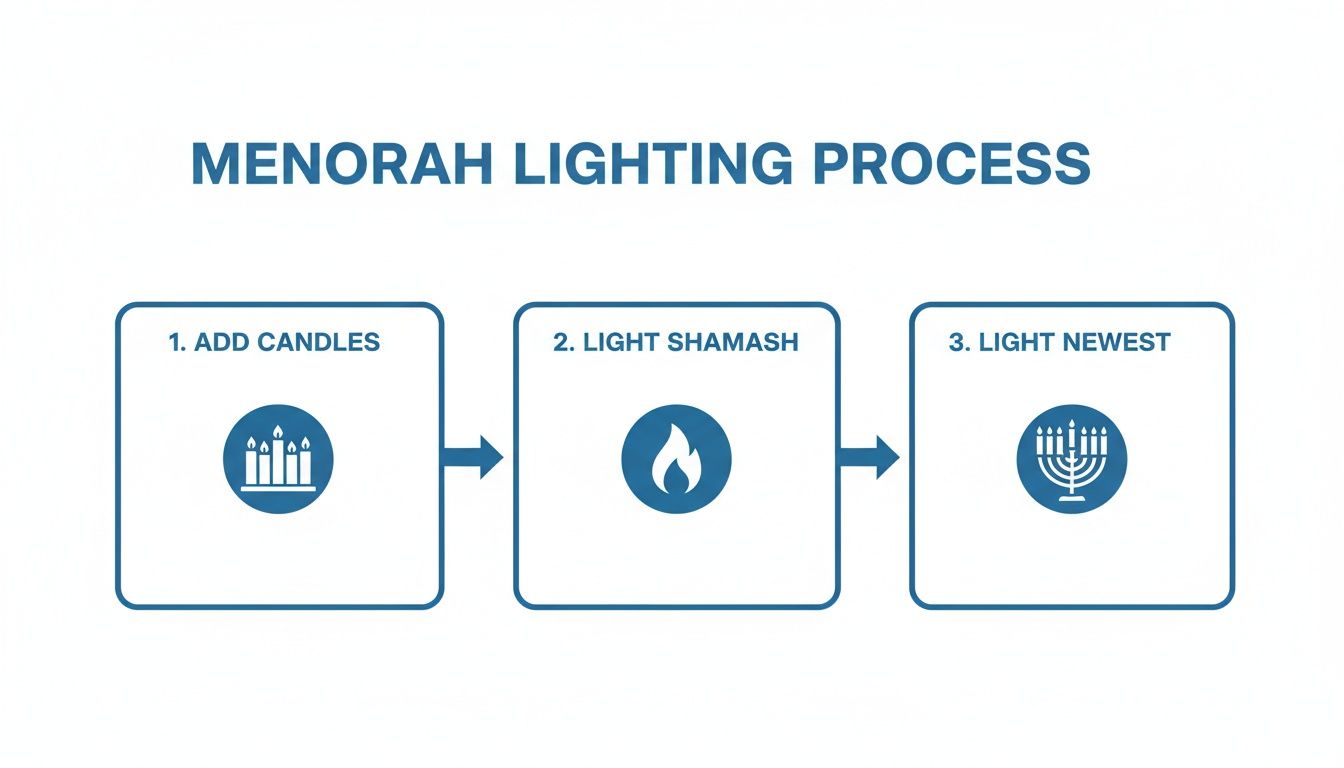A step-by-step process diagram illustrating how to light a menorah for Hanukkah celebration.