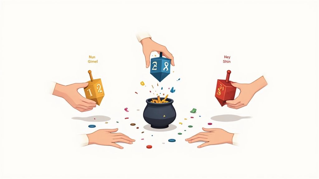 Three hands playing the dreidel game with colorful dreidels, a pot, and gelt.