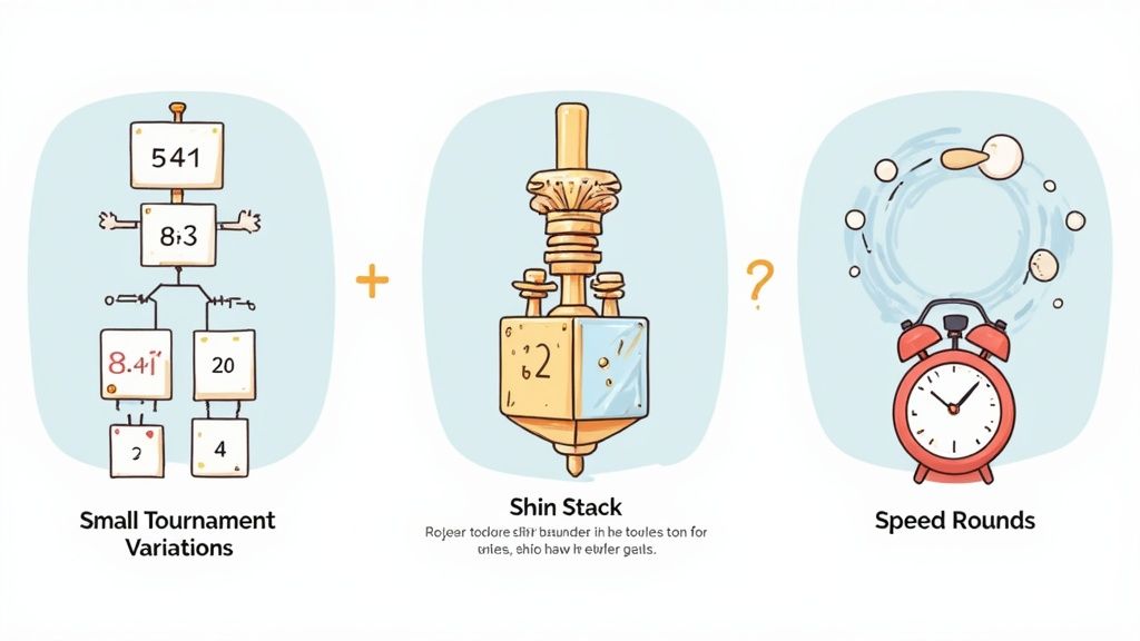 Three game concept diagrams: tournament variations with numbers, a dreidel (Shin Stack), and speed rounds with an alarm clock.