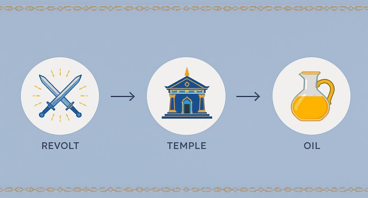 Illustrates the Hanukkah story: a revolt, a temple, and the miracle of oil.