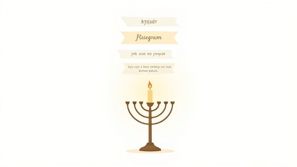 A minimalist illustration of a menorah with one lit candle, featuring Hebrew text banners above.