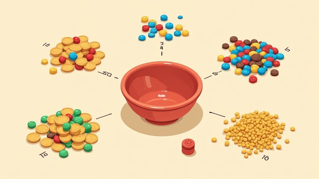 Game setup featuring a red bowl surrounded by five labeled piles of colorful candies and coins.