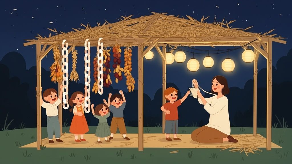 Children and an adult happily decorating a Sukkah at night with paper chains and lanterns.