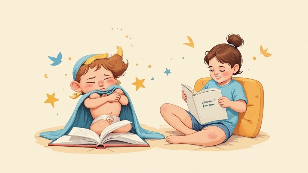 Adorable illustration of a baby in a cape on a book, and a girl joyfully reading a personalized story.