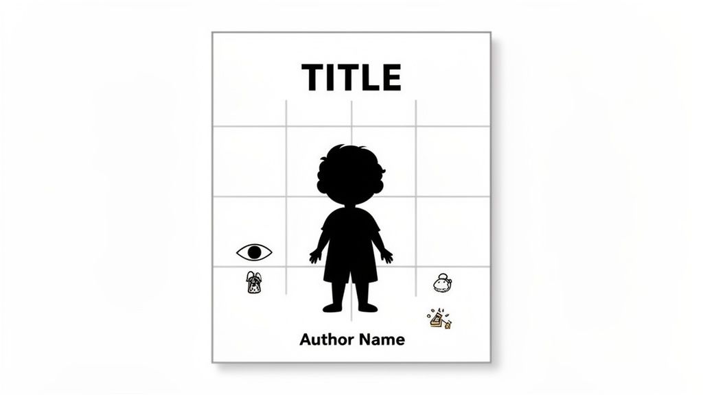 Minimalist book cover design with a child's silhouette, 'TITLE', 'Author Name', and various small icons.