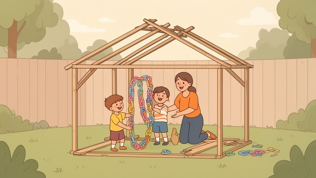 A mother and two boys construct a wooden sukkah frame in their backyard, holding colorful chains.