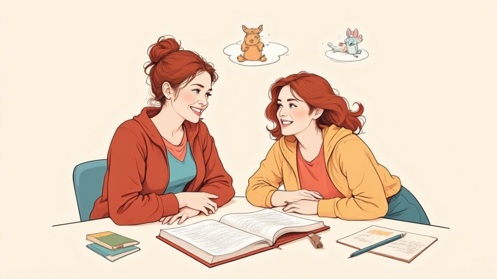Two smiling red-haired women study together, an open book on the table, with playful animal thought bubbles.