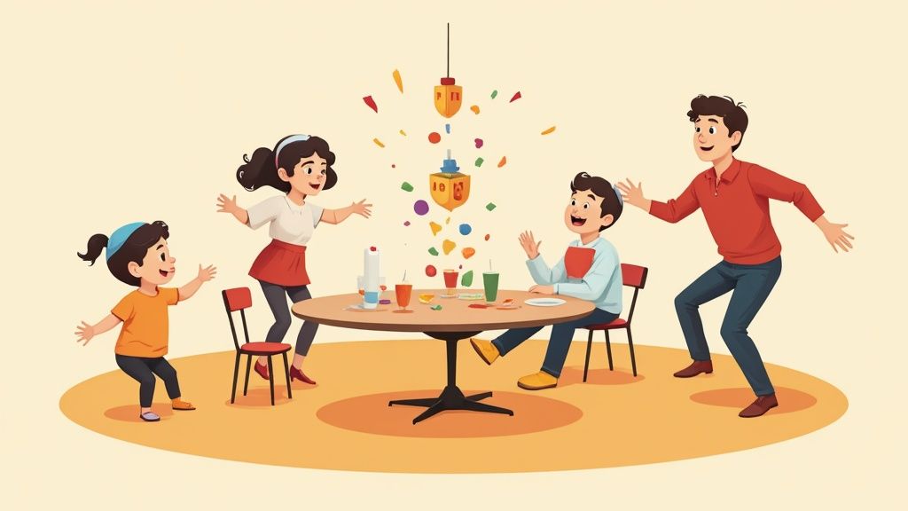 A joyful family celebrates Hanukkah, playing the dreidel game around a table with confetti.