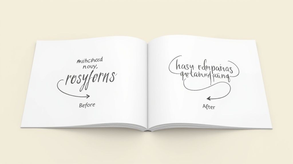 An open book displaying two handwritten text styles labeled 'Before' and 'After', demonstrating a font transformation.