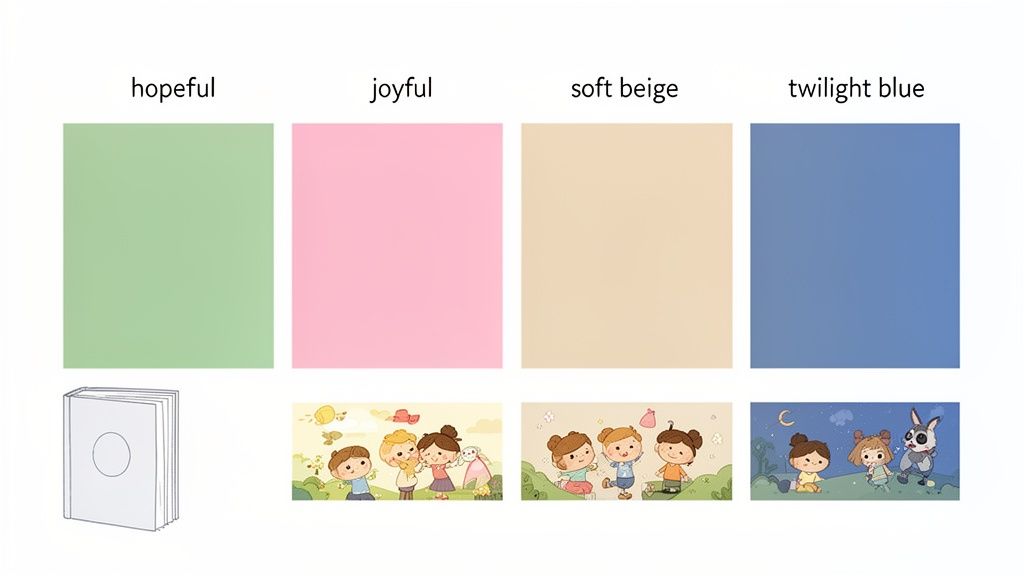 Four labeled color swatches: hopeful green, joyful pink, soft beige, and twilight blue, with children's illustrations.
