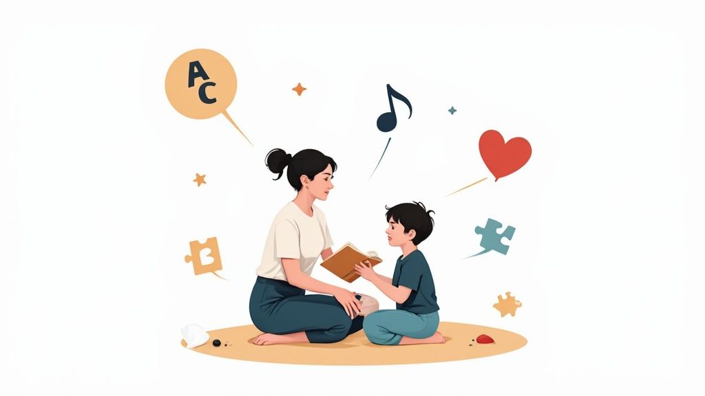 A woman and child reading a book together, surrounded by symbols of learning and love.