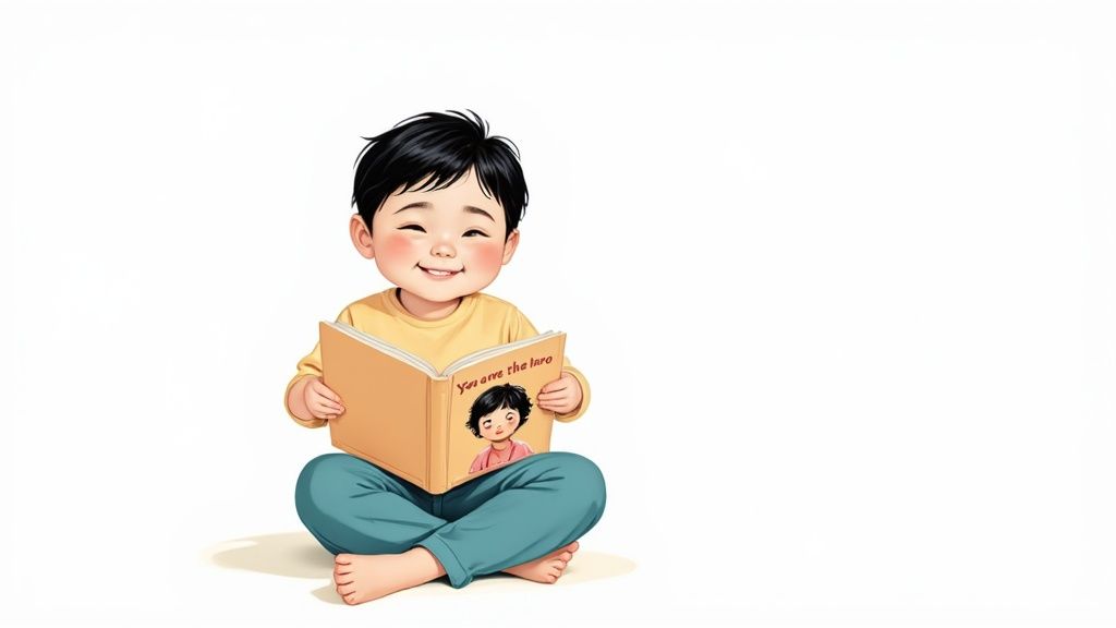 A happy cartoon child sits cross-legged, engaged in reading a personalized storybook with a smile.