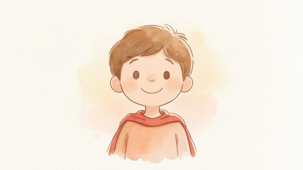 A cheerful watercolor illustration of a young boy with brown hair and a big smile.
