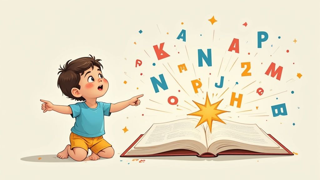 An excited boy points at an open book with colorful letters and shapes bursting out, symbolizing the joy of reading.