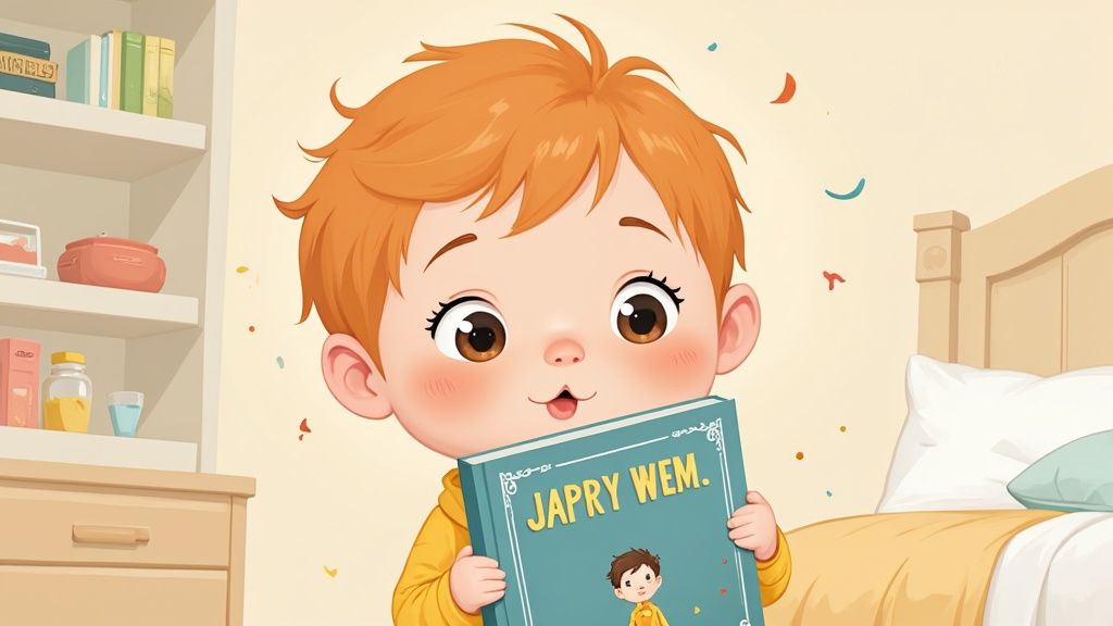 A cute animated child with orange hair smiles while holding a blue storybook in a cozy bedroom.