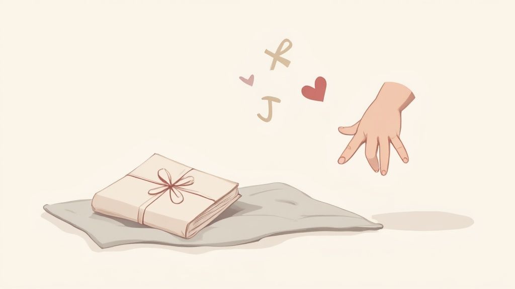 A gift-wrapped book tied with a ribbon, resting on a grey cushion, with a hand reaching and floating hearts and letters J, X nearby.