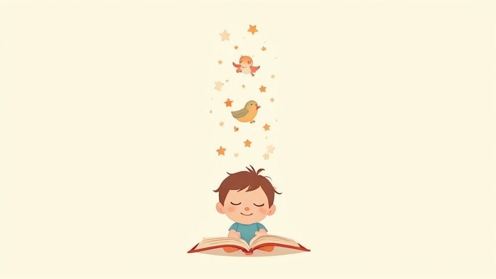 A happy cartoon boy with closed eyes reads a book as birds and stars float above him.