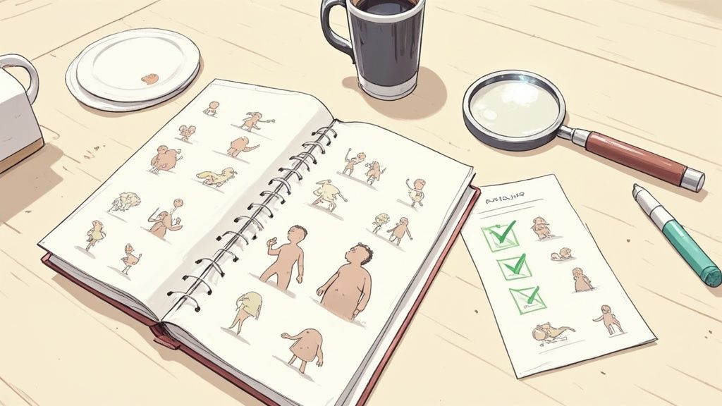 An open sketchbook displays various whimsical character illustrations, accompanied by a coffee cup, magnifying glass, and checklist on a wooden table.
