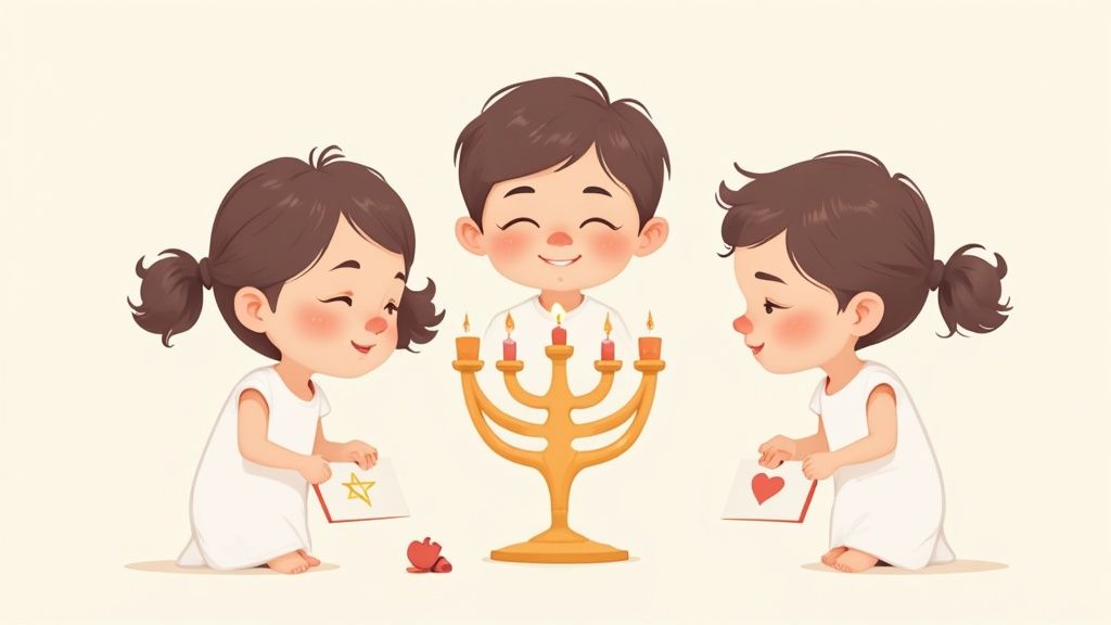 Three cute cartoon children celebrating Hanukkah with a golden menorah and lit candles.