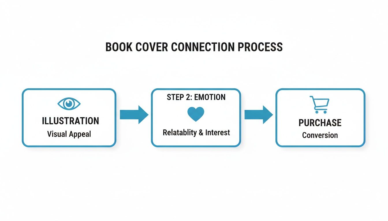 Flowchart showing the book cover connection process: illustration (visual appeal), emotion (relatability & interest), and purchase (conversion).