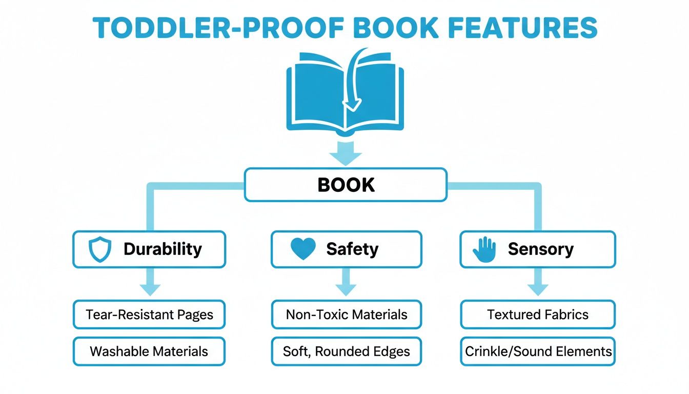 A flowchart showing toddler-proof book features, including durability, safety, and sensory elements like tear-resistant pages and non-toxic materials.