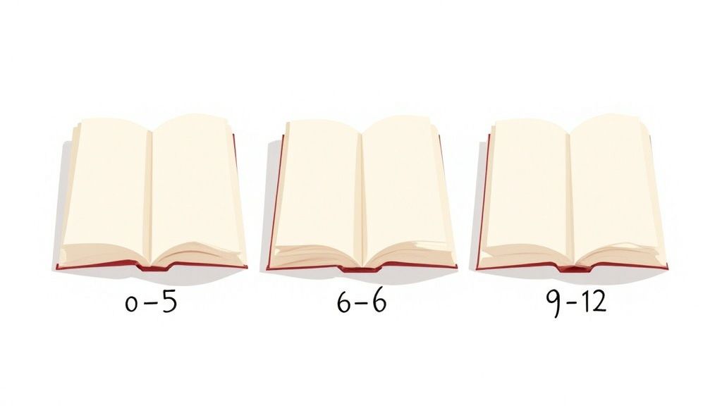 Three open books with blank pages, each labeled below with an age range: 0-5, 6-6, and 9-12.