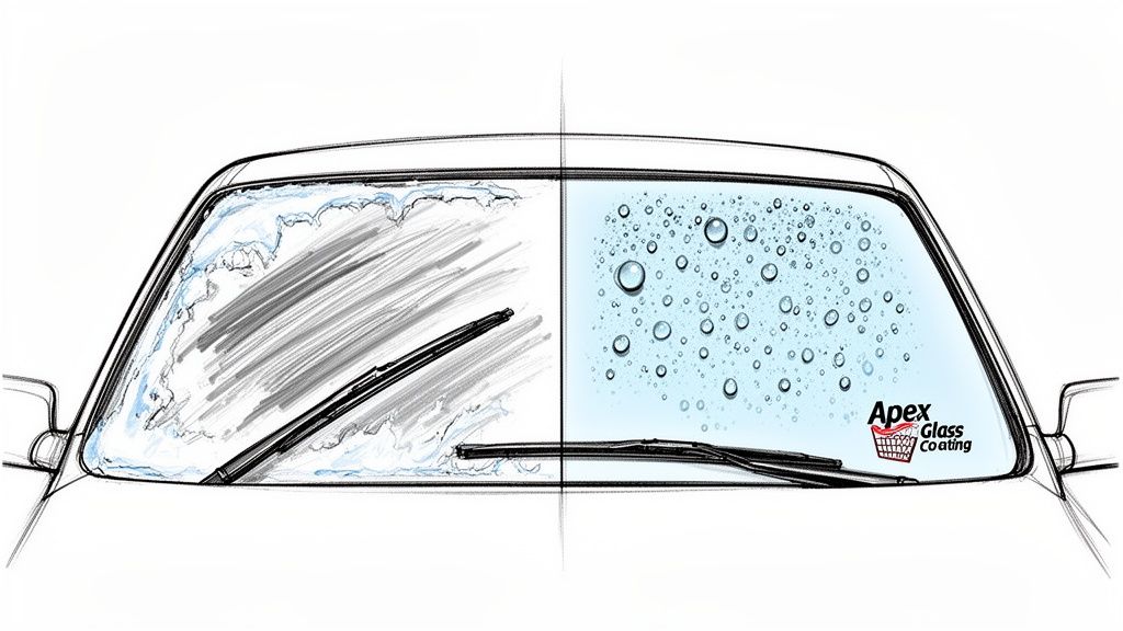 Split car windshield: left side smeared with water, right side with clear water beads and 'Apex Glass Coating' logo.