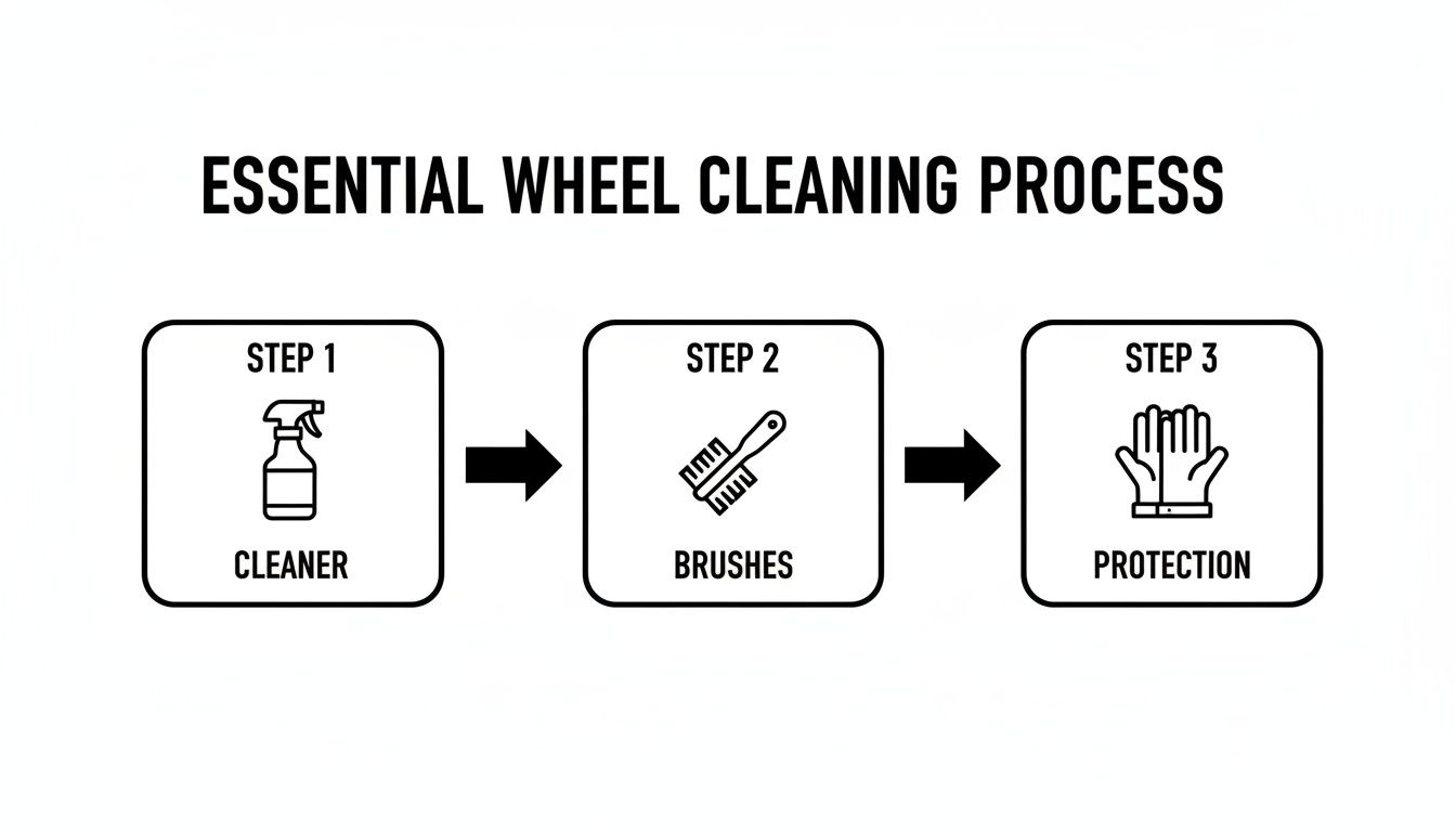 A three-step essential wheel cleaning process diagram: cleaner, brushes, and protection, with arrows.