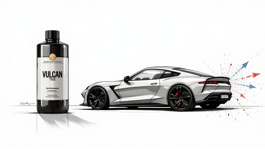 Stylized illustration of Vulcan TX15 ceramic coating bottle next to a white sports car.