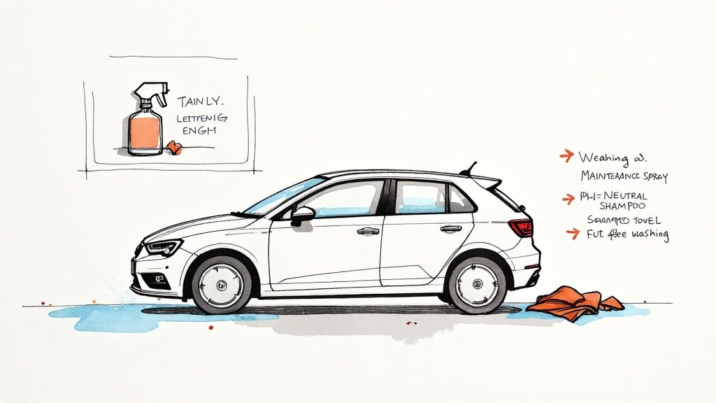 A person using a spray bottle to apply a maintenance product to a sleek, dark grey car.