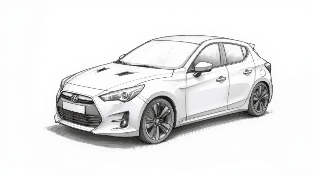 A detailed black and white sketch of a modern white hatchback car from a three-quarter front view.