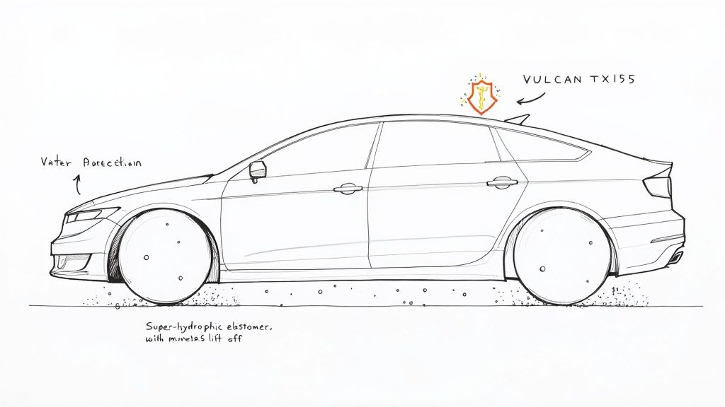 A conceptual car sketch featuring advanced water-repellent technology, labeled 'Vater Purecction' and 'Super-hydrophic elastomer'.