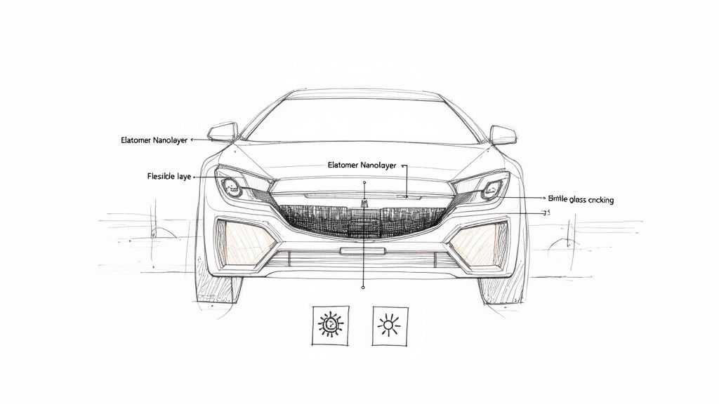 Detailed sketch of a car's front with labels for 'Elatomer Nanolayer' and 'Flexible layer' properties.