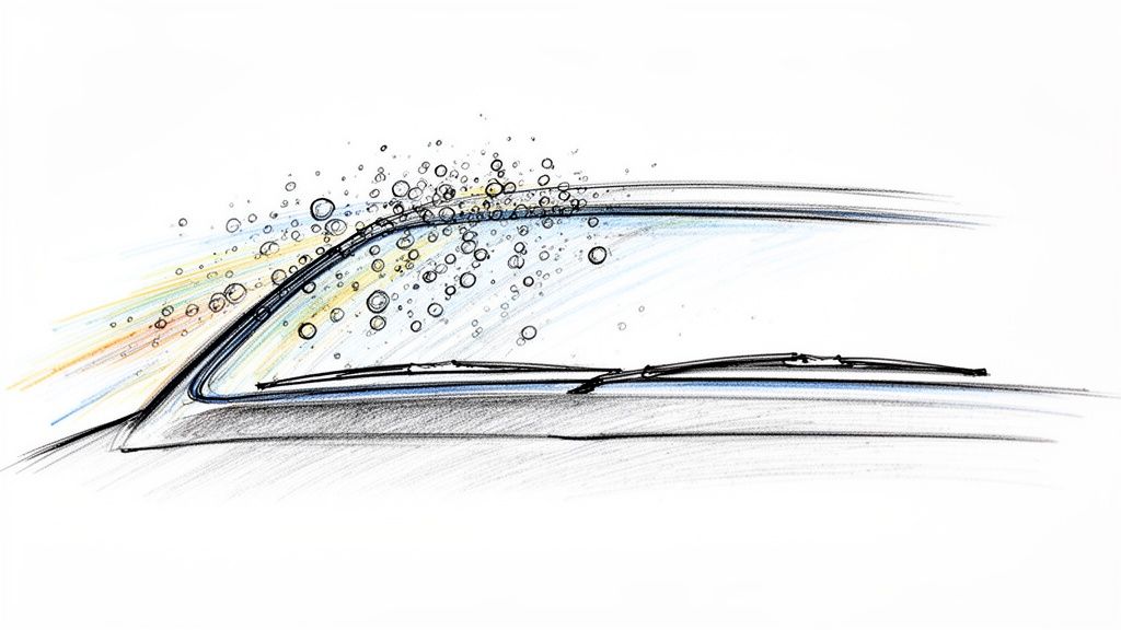 Detailed sketch of a car windshield, wipers, and colorful water splashes in motion.