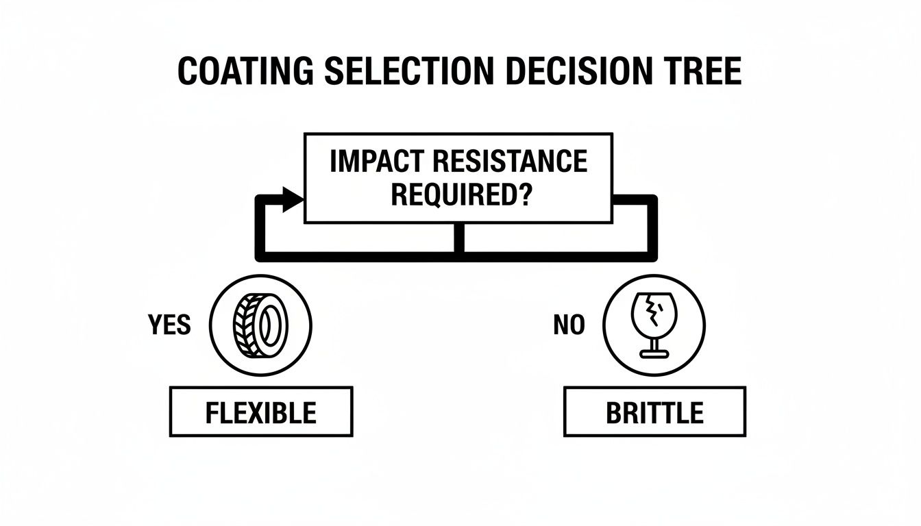 A decision tree diagram for coating selection based on impact resistance, leading to flexible or brittle options.