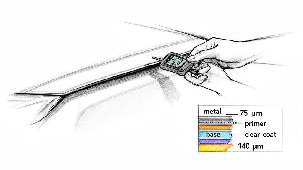 A hand uses a digital gauge to measure car paint thickness, with a diagram detailing layers like metal, primer, base, and clear coat.