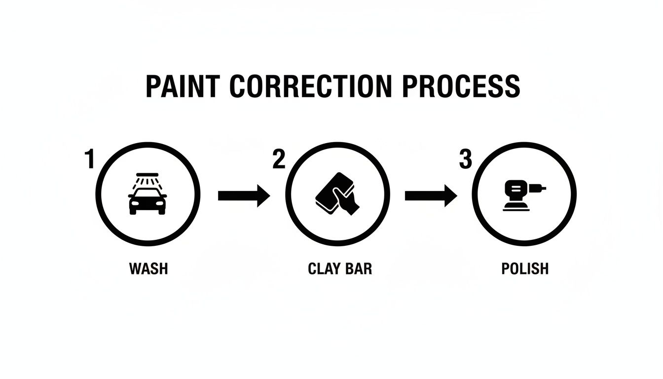 Diagram showing a 3-step paint correction process: wash, clay bar, and polish for cars.