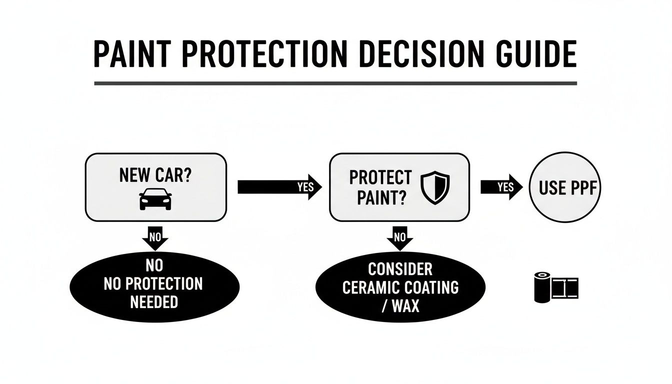 A flowchart decision guide for car paint protection, offering options like PPF, ceramic coating, or wax.